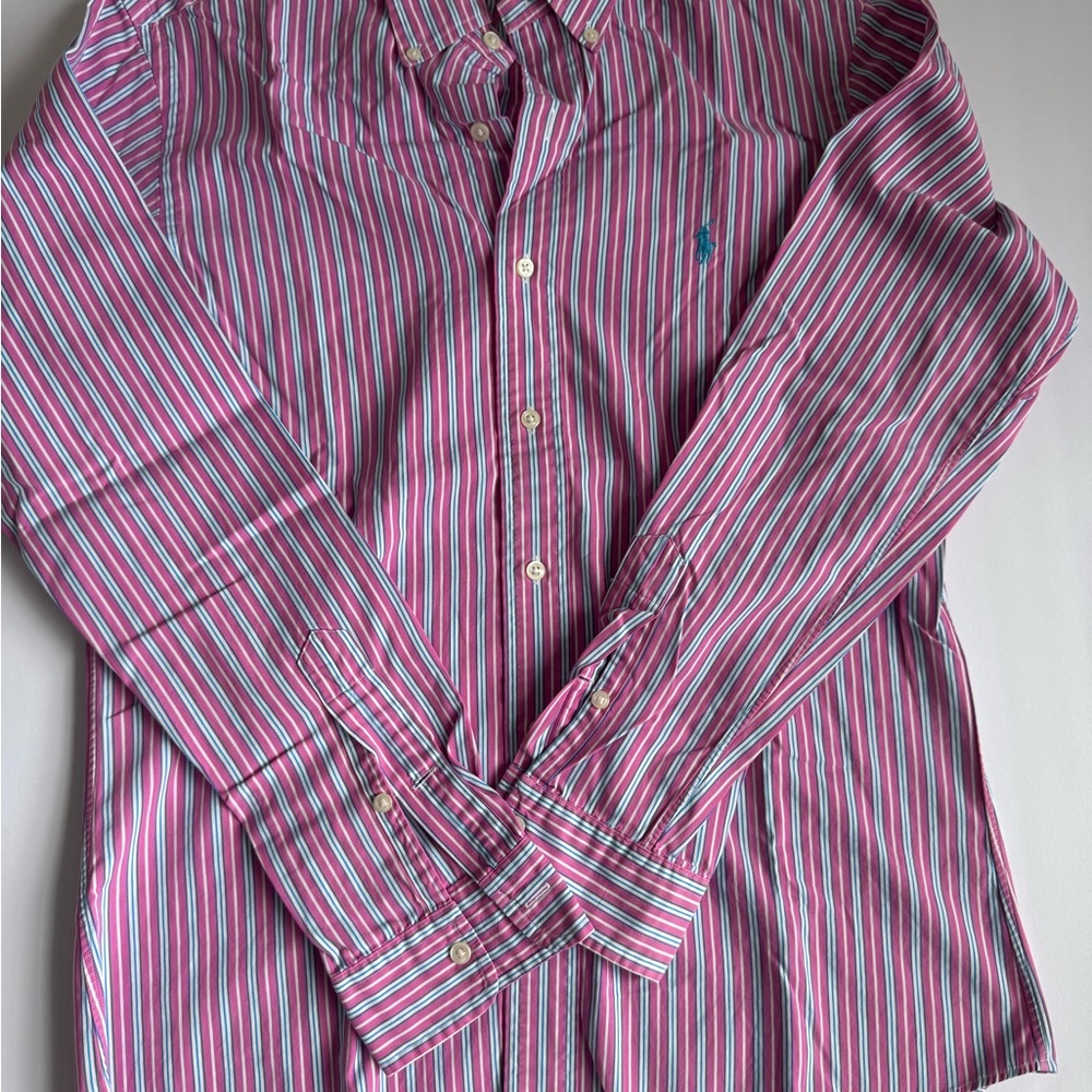 Ralph Lauren Men's Pink and Blue Striped Shirt